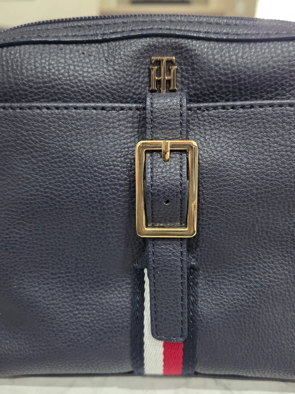 Tommy Hilfiger Navy Crossbody Bag with Red-White-Blue Stripe and Gold Hardware